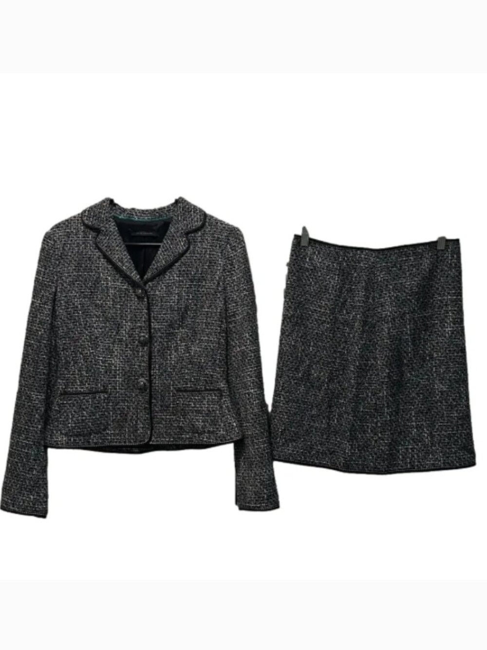 Elie Tahari Black, White and Blue Tweed Virgin Wool Blazer & Pencil Skirt Set